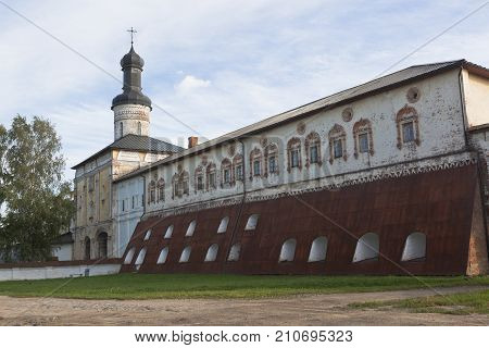 Kirillov, Vologda region, Russia - August 9, 2015: Treasury Chamber and Gate Church of St. John Lestvichnika with Holy Gate in Kirillo-Belozersky Monastery