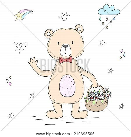 vector card with cute hand drawn bear. vector print.
