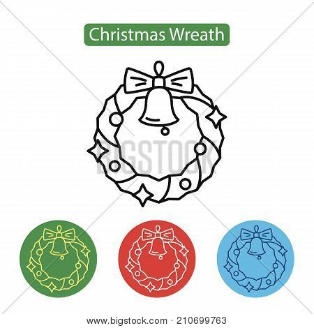 Christmas wreath with bell icon on white background. New year Chrismas object isolated on white background. Graphic for Web Design. Winter holidays vector illustration, line style. Editable stroke.