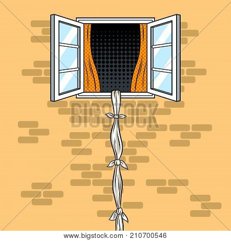Escape from window pop art retro vector illustration. Escape using rope from sheets. Comic book style imitation.
