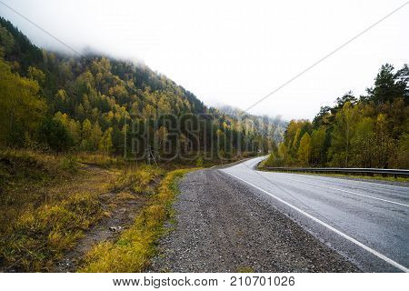 Federal highway M-52 Chuysky tract, asphalt road with markings among the autumn trees. Russia, the Altai Republic.