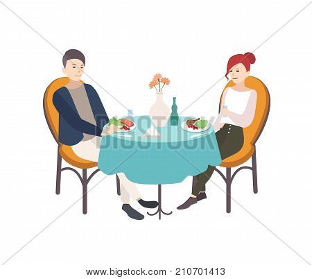 Pair of young man and woman dressed in stylish clothes sitting at table decorated by tablecloth and flowers in vase and having lunch. Modern couple dining at restaurant. Cartoon vector illustration