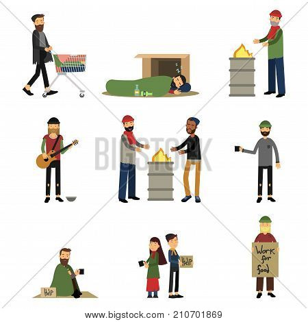 Homeless people, kids and vagabonds begging money, needing help set of cartoon vector illustrations isolated on a white background