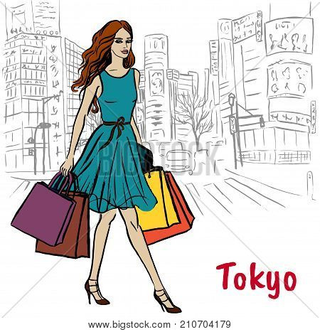 Sketch woman with shopping bags on street in Shibuya, Tokyo, Japan