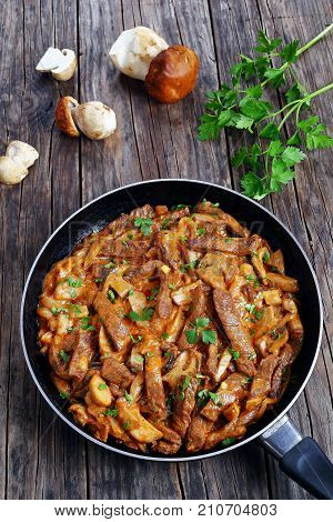 Tasty Beef Stroganoff With Ceps On Skillet
