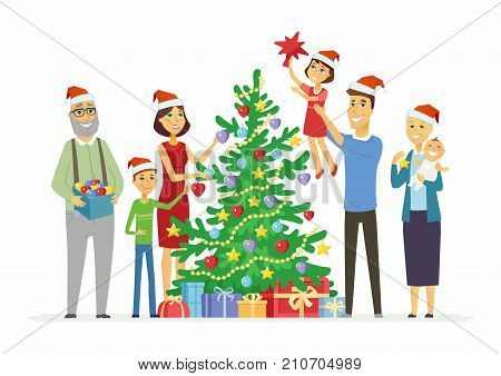 Happy family decorates Christmas tree - cartoon people characters illustration on white background. Smiling mother and father with children and grandparents putting decorations on a pine with presents