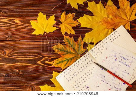 Old School Exercise Book With A Wooden Ink Pen And Yellow Maple Leaves On A Background Of Old Wood .