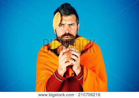 Hipster Or Guy In Autumn With Tea Cup, Mulled Wine.