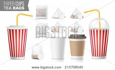 Disposable Paper Cups And Tea Bags Set Vector. Plastic Covers. Take-out Soft Drinks Cup Template. Open And Closed Paper Cup Blank. Realistic Isolated Vector Illustration.