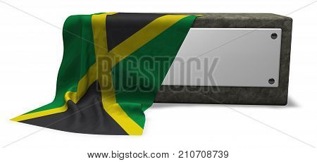 stone socket with blank sign and flag of jamaica - 3d rendering