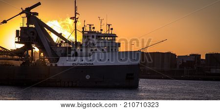 Port Huron, Michigan, USA - October 5, 2017: The SS Cuyahoga at sunrise. The Cuyahoga is the second oldest registered Canadian lake freighter in service on the Great Lakes and was built in 1943.