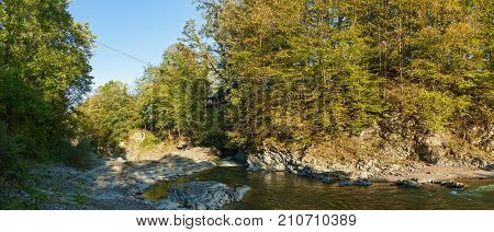 mountain river in the autumn forest, Autumn landscape, fallen leaves, water flow
