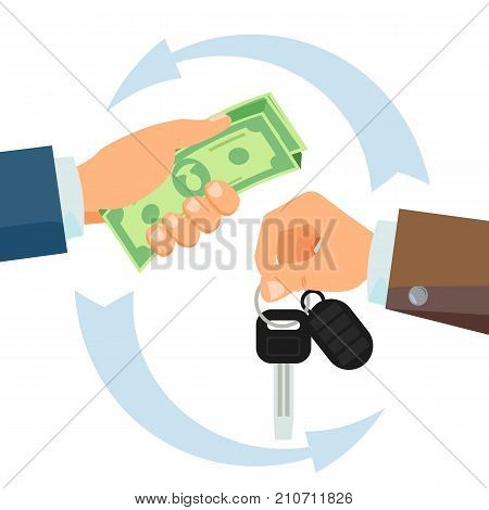 Hand Giving Car Keys Vector. Business Car Rental, Sale Concept. Car Salesman And New Owner. Holding Car Key, Money. Flat Cartoon Isolated