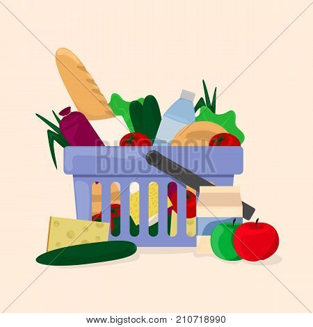 Full shopping basket. Supermarket cart. Food purchase