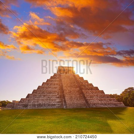 Chichen Itza Pyramid sunrise El Templo Kukulcan temple in Mexico Yucatan