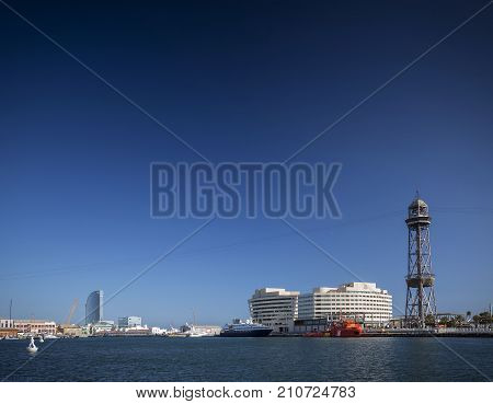 world trade center and barcelona port vell cable car jaume I tower in spain