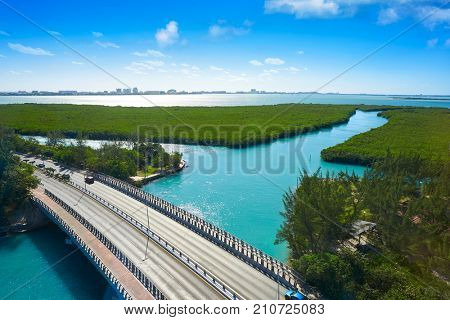 Cancun aerial view of Nichupte Lagoon at Hotel Zone in Mexico