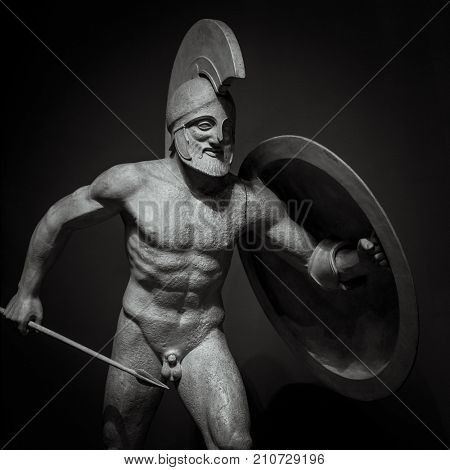 Man in helmet Greek ancient sculpture of warrior