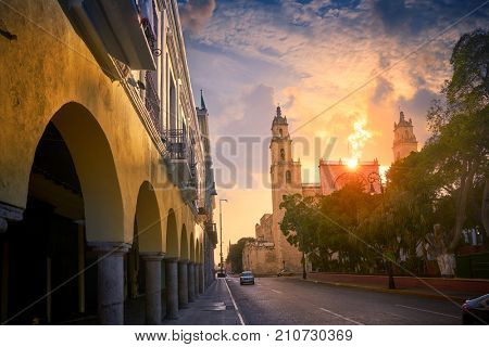 Merida San Idefonso cathedral sunrise in Yucatan Mexico