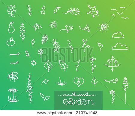 Abstract garden vector graphics set with abstract plants and other objects
