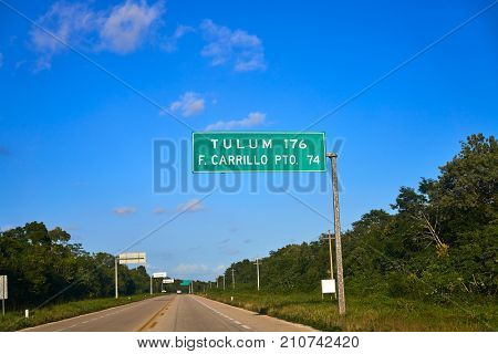 Tulum road sign in Riviera Maya of Mexico