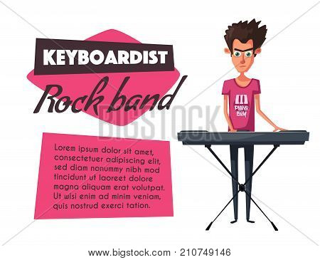 Electronic music Synthesizer instrument. Cartoon vector illustration. Keyboardist person. Character design