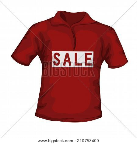 Front view of red color male t-shirt with sale text on white background. Shop retail vector creative illustration design