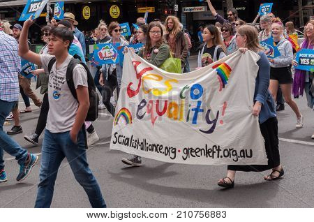 Adelaide, AU - October 22, 2017: Hundreds of supporters of Marriage Equality gather at Adelaide's Old Parliament House to march for equal rights.