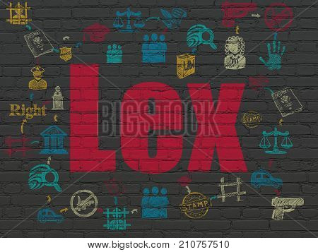 Law concept: Painted red text Lex on Black Brick wall background with Scheme Of Hand Drawn Law Icons