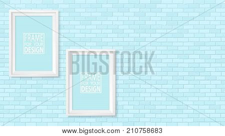 Frame on the wall. Photoframe mock up. Simple empty framing for your business design. Brick wall. Vector template for picture painting poster lettering or photo gallery.