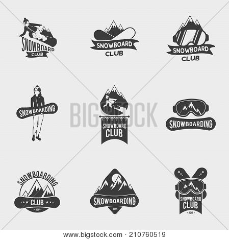 Set of snowboard club logos, labels or badges templates. Snowboarding symbols with snowboarders, snowboard glasses and mountains. WInter extreme sport.