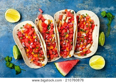 Mexican grilled chicken tacos with watermelon salsa