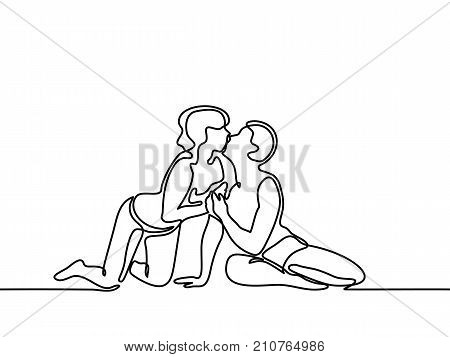 Young couple in love kissing on the beach. Continuous line drawing. Vector illustration.