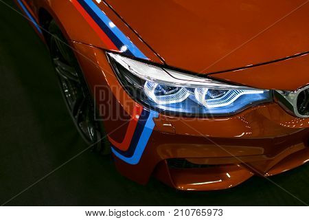Sankt-Petersburg Russia July 21 2017: Front view of a BMW M4 sports car. M Performance Edition. Car exterior details. Photo Taken at Royal Auto Show July 21