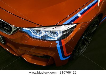 Sankt-Petersburg Russia July 21 2017: Front view of a BMW M4 sports car. M Performance Edition. Car exterior details. Photo Taken at Royal Auto Show July 21