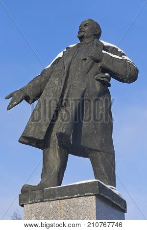 Velsk, Arkhangelsk region, Russia - November 6, 2016: Monument to Lenin on a background of the blue sky winter in the city of Velsk