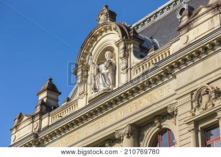 Bern, Switzerland - 2 November, 2014: upper part of the building of the University of Bern, above the entrance to it. The University of Bern is a university in the city of Bern, founded in 1834.