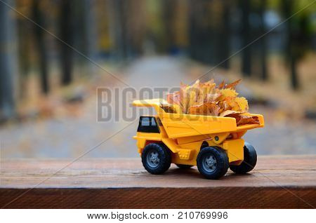 A Small Toy Yellow Truck Is Loaded With Yellow Fallen Leaves. The Car Stands On A Wooden Surface Aga
