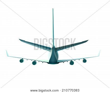 Back view of flying plane, vector illustration of plane in back view isolated on white.