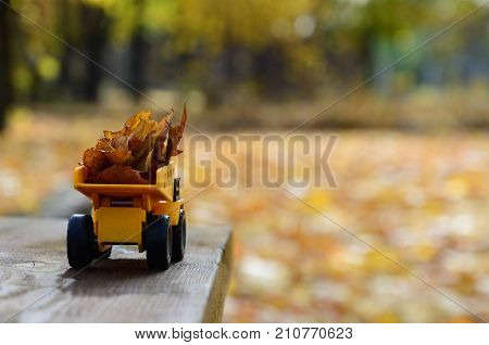A Small Toy Yellow Truck Is Loaded With Yellow Fallen Leaves. The Car Stands On A Wooden Surface Aga