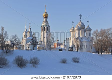 Winter landscape with a churches in the city of Vologda, Russia
