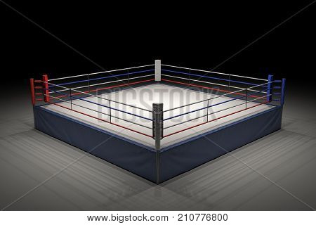 3d rendering of an empty boxing ring in the dark with its center spotlighted. Show night. Boxing match. Late night fighting competition.
