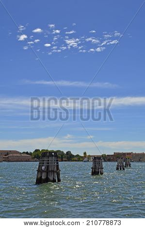The island of Giudecca in the Dorsoduro quarter of Venice viewed from the opposite side of the Giudecca canal