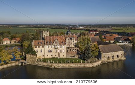 Aerial view of Flechtingen water castle in Saxony-Anhalt, Germany