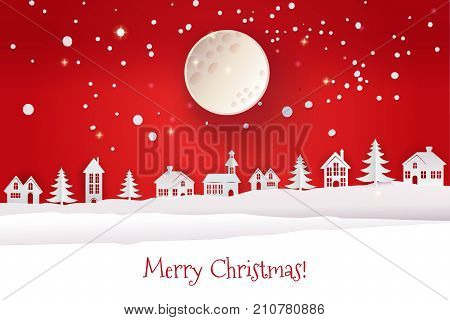 Paper cut out and craft winter landscape with evergreen trees, houses, moon. Holiday Web banner. Red Night background. Vector illustration. Marry Christmas typography greetings.