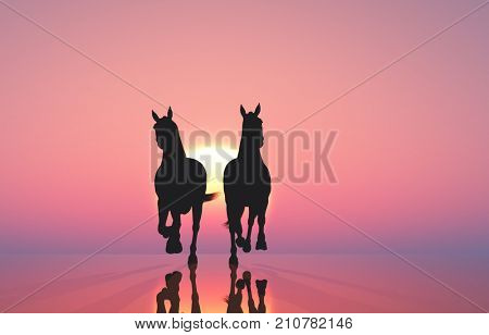 Horses gallop against aHorses gallop against a pink background. background..3d render