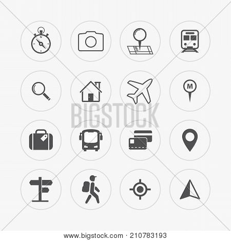 Travel and tourism icon set. Location navigation searching transportation. Vector line icons in flat style