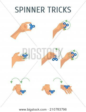 Cartoon Human Hands Holding Spinner Tricks Set Trendy Toy for Relaxation Concept Flat Design Style. Vector illustration of Handspinner