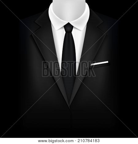 Realistic Detailed 3d Black Suit and Tuxedo for Invitation or Card Symbol Wedding, Party, Official Ceremony or Celebration. Vector illustration