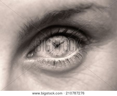 FEMALE EYE WITH CLOCK FACE IN PUPIL
